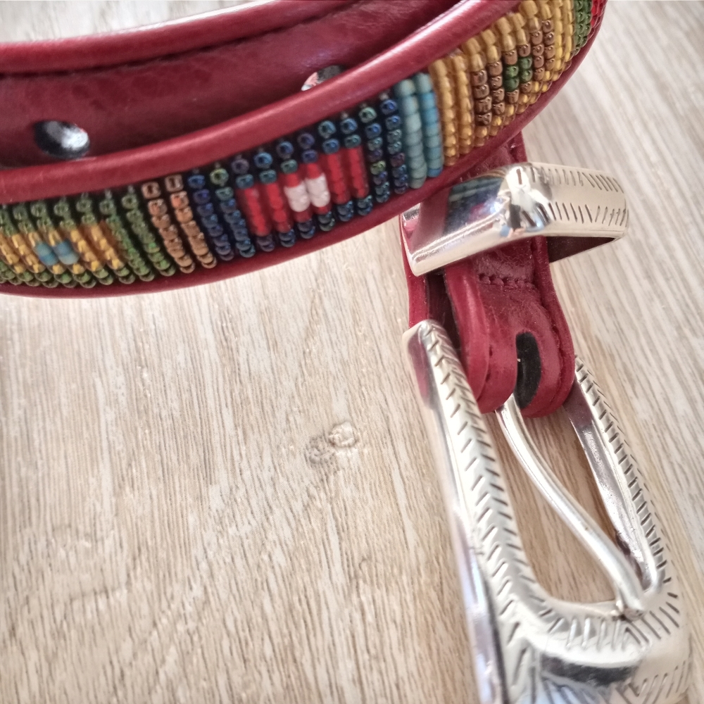 SOLD Brighton Belt Genuine Leather Silver Beaded Native American Red Size 32 … - Picture 1 of 12
